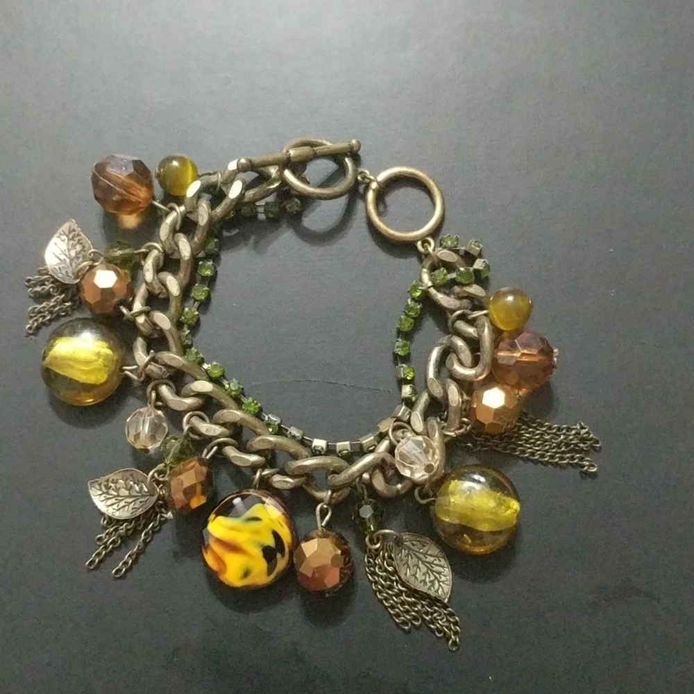Green Brown Orange Rhinestone Beaded Bracelet